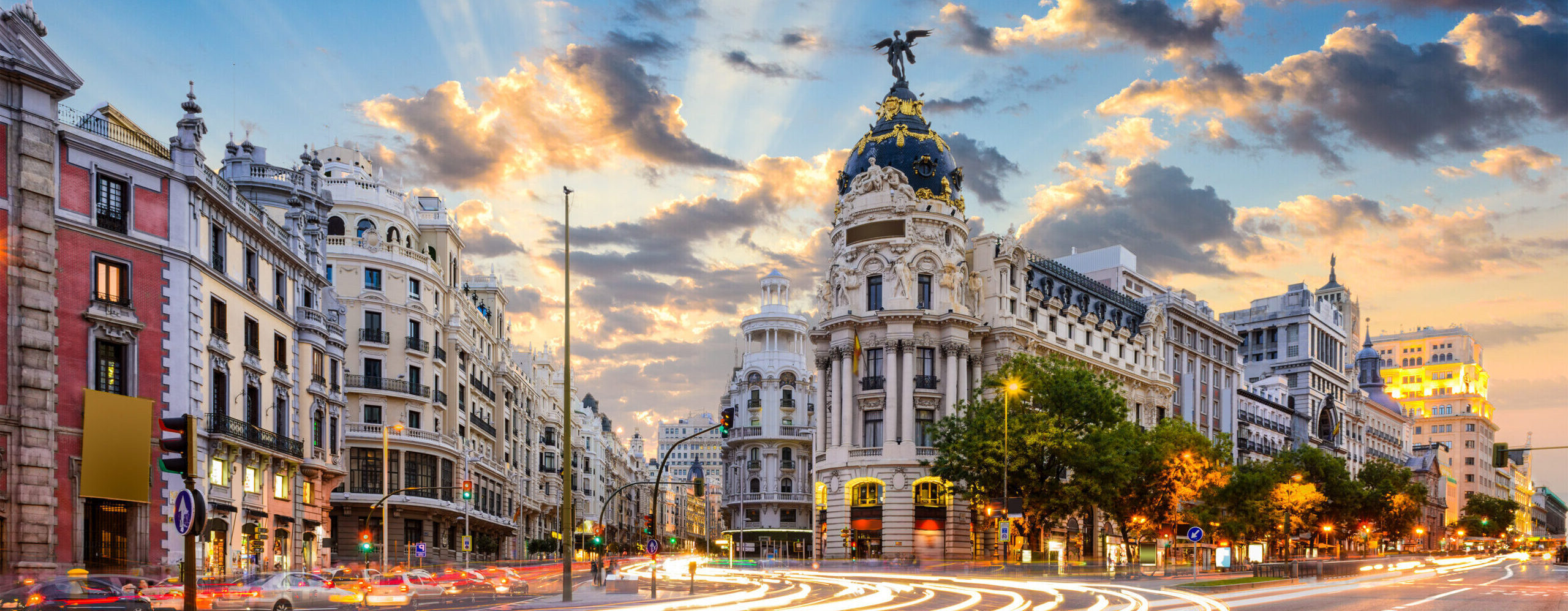 Madrid, Spain cityscape at Calle de Alcala and Gran Via.