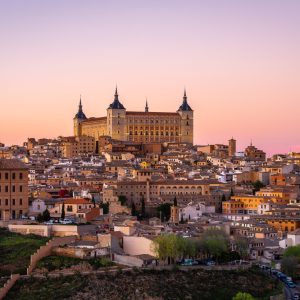 Panoramic view of Toledo with Alcazar castle at sunset, Castilla